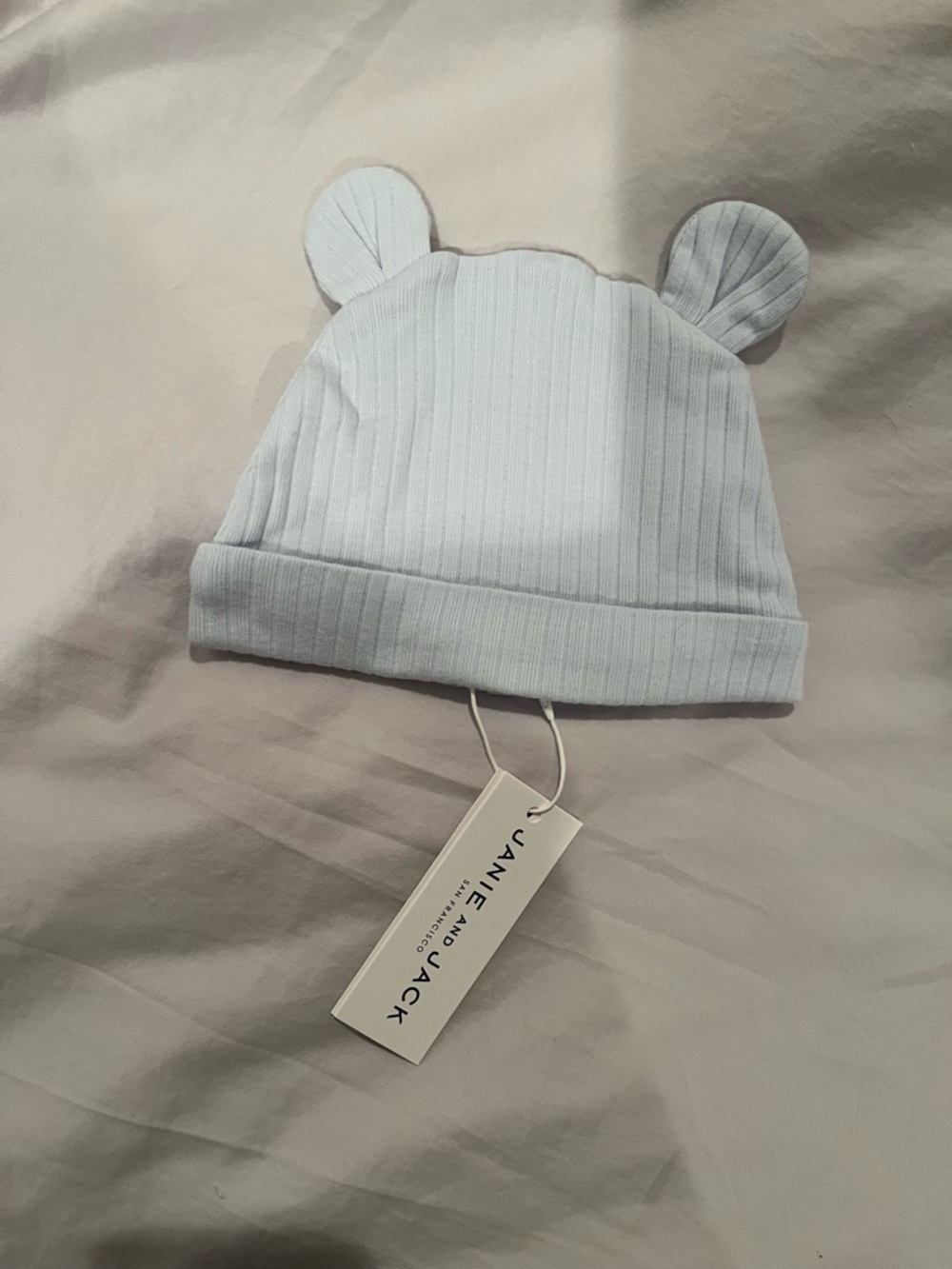 Janie and Jack Pale Blue Ribbed Bear Ear Baby Hat